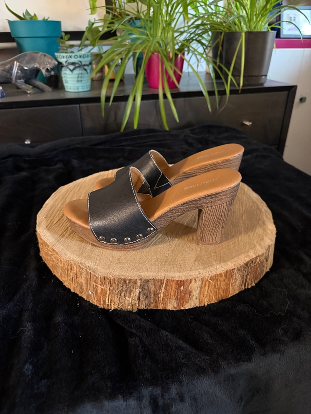 Maurices Black Leather Slide Clogs with Wood-Textured Block Heel